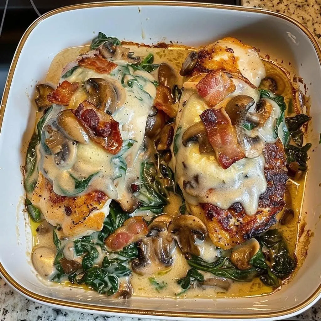 Chicken with shellfish, mushrooms, spinach cream and bacon