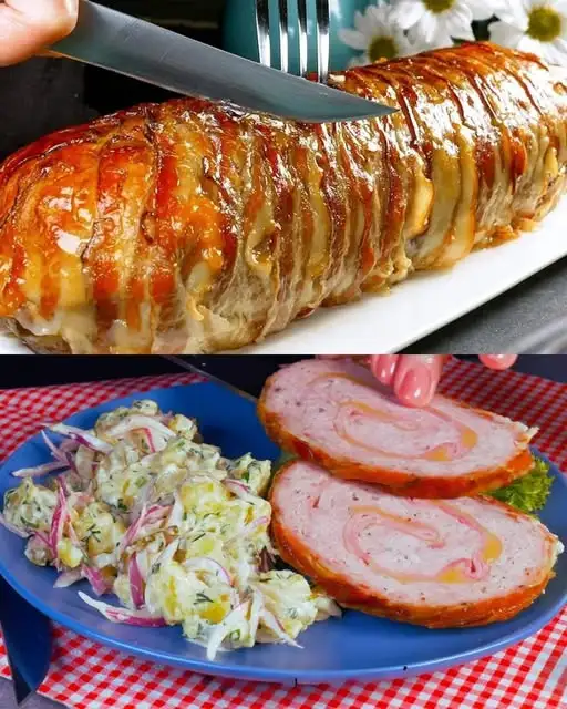 Bacon-Wrapped Cheese and Ham Stuffed Meatloaf with Potato Salad