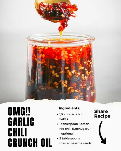 Add a kick to your dishes with Garlic Chili Crunch Oil! Infused with cinnamon, star anise, and crispy garlic, it’s a game-changer.